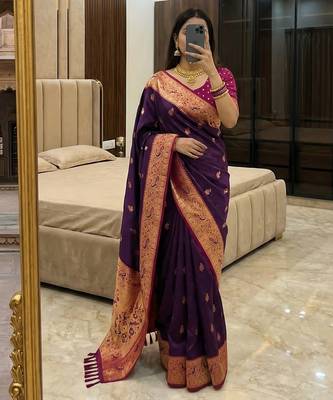 Wine faux banarasi silk saree with paithani rich weaved pallu and blouse 1