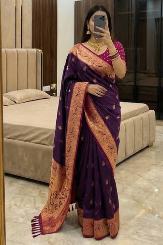 wine faux silk blend saree with paithani rich weaved pallu and blouse