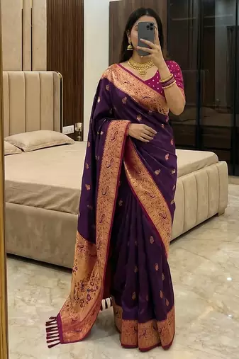Wine faux banarasi silk saree with paithani rich weaved pallu and blouse