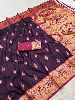 Wine faux banarasi silk saree with paithani rich weaved pallu and blouse 2