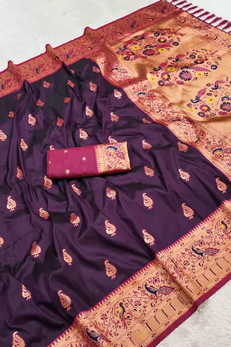 Wine faux banarasi silk saree with paithani rich weaved pallu and blouse