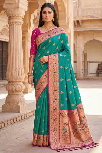 sea green faux silk blend saree with paithani rich weaved pallu and blouse