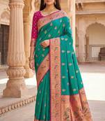 Sea green  faux banarasi silk saree with paithani rich weaved pallu and blouse