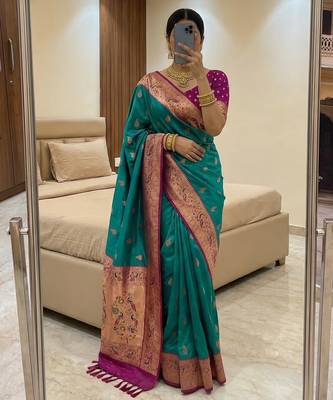 Sea green  faux banarasi silk saree with paithani rich weaved pallu and blouse 2