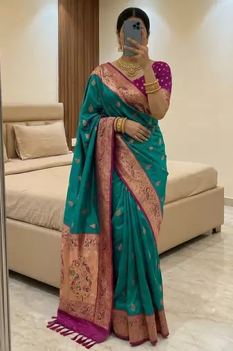 Sea green  faux banarasi silk saree with paithani rich weaved pallu and blouse