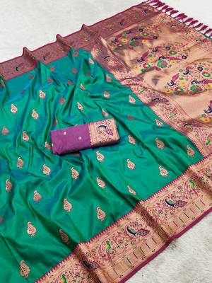 Sea green  faux banarasi silk saree with paithani rich weaved pallu and blouse 3
