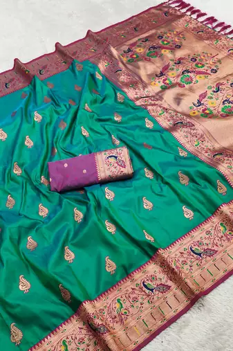 Sea green  faux banarasi silk saree with paithani rich weaved pallu and blouse