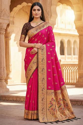 pink faux silk blend saree with paithani rich weaved pallu and blouse