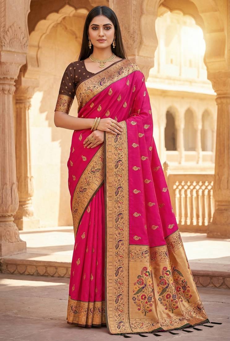 Pink  faux banarasi silk saree with paithani rich weaved pallu and blouse