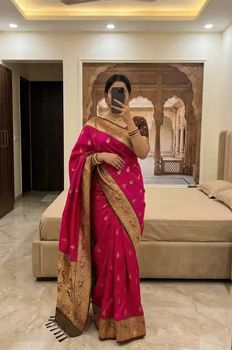 Pink  faux banarasi silk saree with paithani rich weaved pallu and blouse