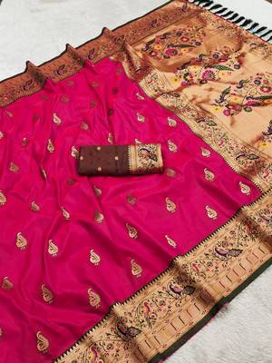 Pink  faux banarasi silk saree with paithani rich weaved pallu and blouse 3
