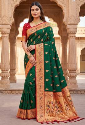 Green  faux banarasi silk saree with paithani rich weaved pallu and blouse 1