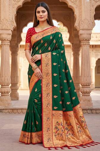 green faux silk blend saree with paithani rich weaved pallu and blouse