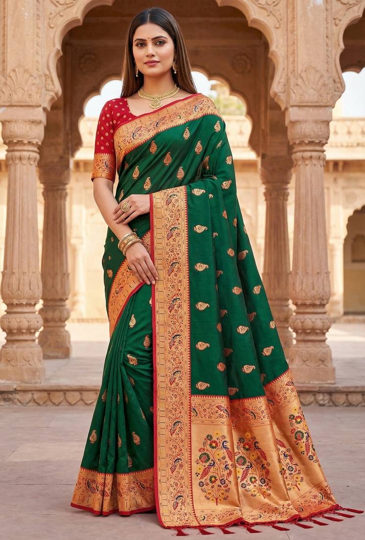 Green  faux banarasi silk saree with paithani rich weaved pallu and blouse