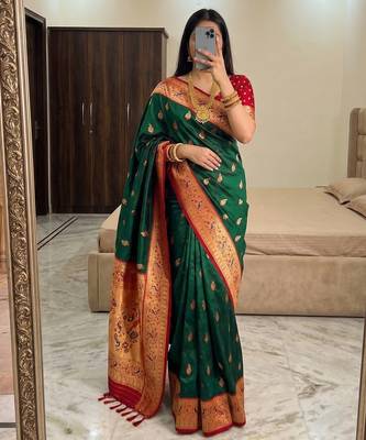 Green  faux banarasi silk saree with paithani rich weaved pallu and blouse 2