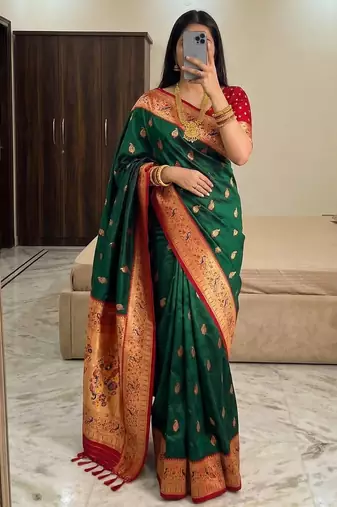 Green  faux banarasi silk saree with paithani rich weaved pallu and blouse