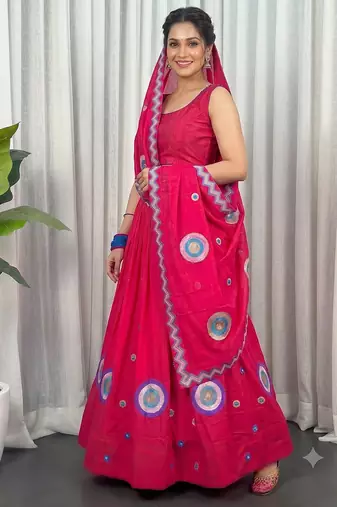 Rani Pink silk blend Lehenga Choli with Circular Embroidery & Scalloped Dupatta