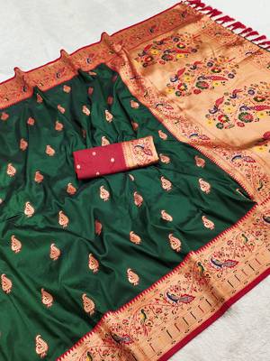 Green  faux banarasi silk saree with paithani rich weaved pallu and blouse 3