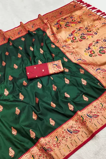 Green  faux banarasi silk saree with paithani rich weaved pallu and blouse