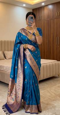 Blue  faux banarasi silk saree with paithani rich weaved pallu and blouse 3