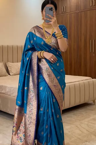 blue faux silk blend saree with paithani rich weaved pallu and blouse