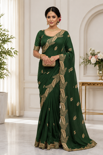 Dark Green Embroidery Star Georgette Saree