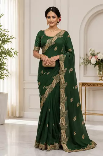 Dark Green Color Embroidery Star Georgette Saree