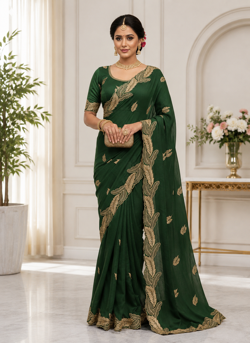 Dark Green Color Embroidery Star Georgette Saree