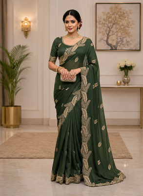 Mahendi Green Color Embroidery Star Georgette Saree 1