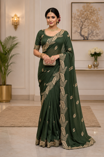 Mahendi Green Color Embroidery Star Georgette Saree