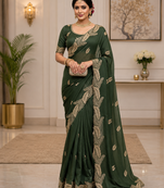 Mahendi Green Color Embroidery Star Georgette Saree