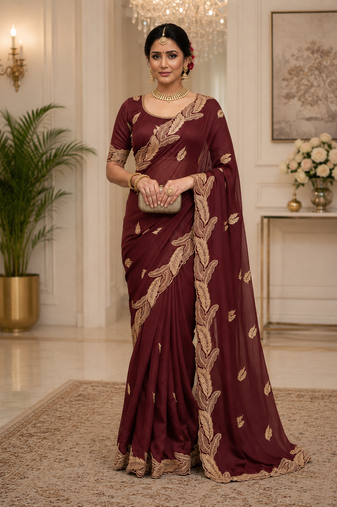Maroon Color Embroidery Star Georgette Saree