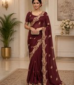 Maroon Color Embroidery Star Georgette Saree