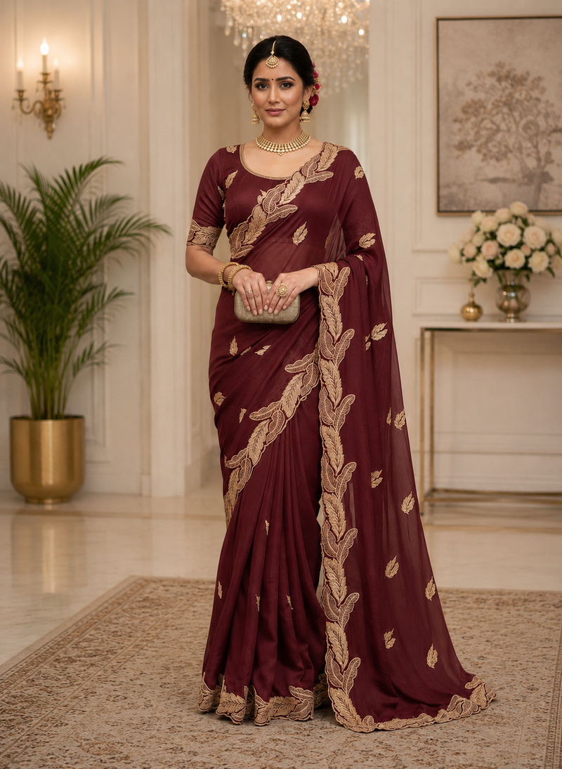 Maroon Color Embroidery Star Georgette Saree