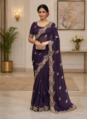 Purple Color Embroidery Star Georgette Saree 2