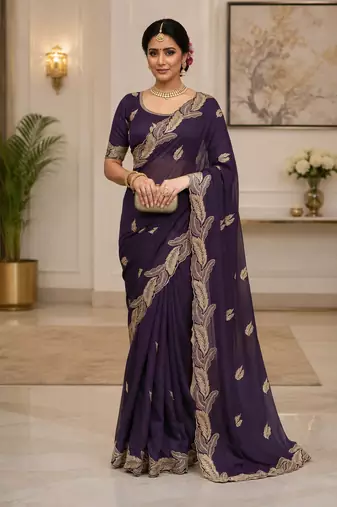 Purple Color Embroidery Star Georgette Saree