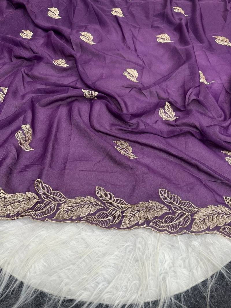 Purple Color Embroidery Star Georgette Saree