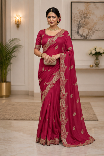 Red Color Embroidery Star Georgette Saree