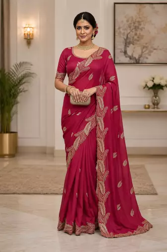 Red Color Embroidery Star Georgette Saree
