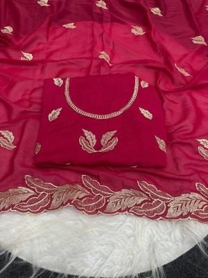 Red Color Embroidery Star Georgette Saree 3