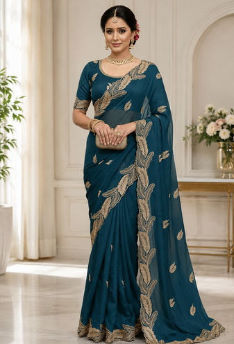 Teal Color Embroidery Star Georgette Saree