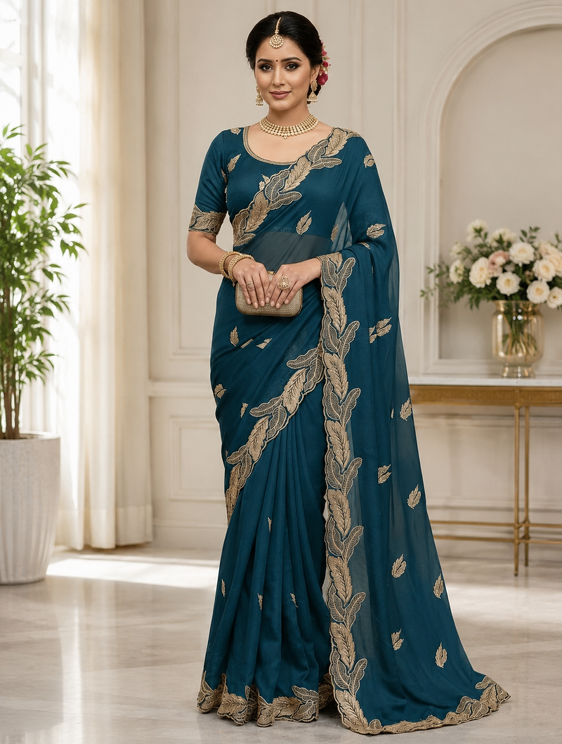 Teal Color Embroidery Star Georgette Saree