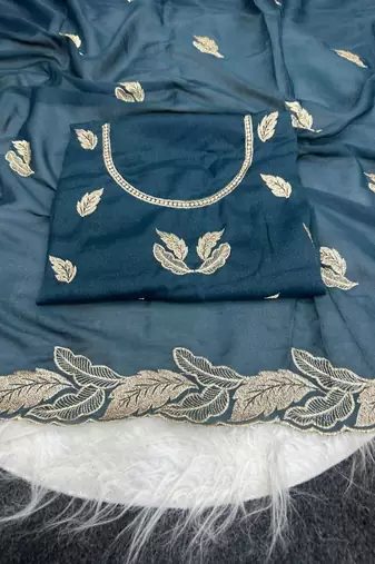 Teal Color Embroidery Star Georgette Saree