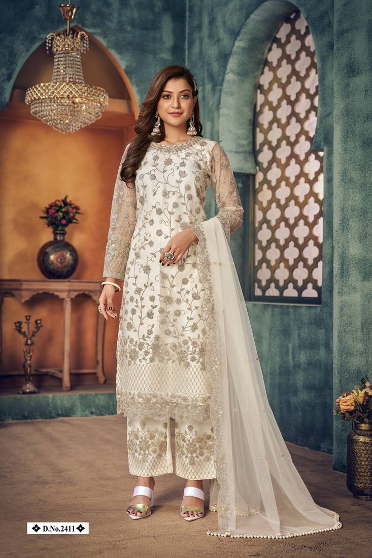 glamorous off-white heavy cording and sequin semi-stitched net salwar suit