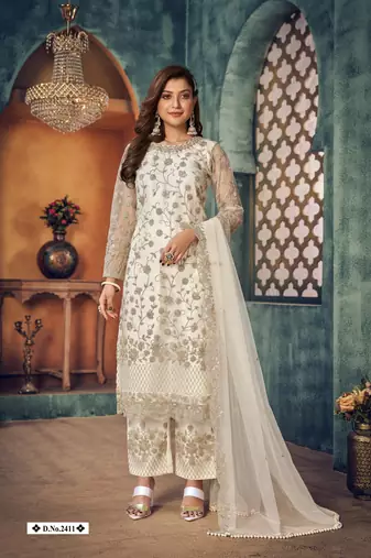 glamorous off-white heavy cording and sequin semi-stitched net salwar suit