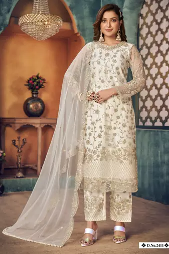 glamorous off-white heavy cording and sequin semi-stitched net salwar suit