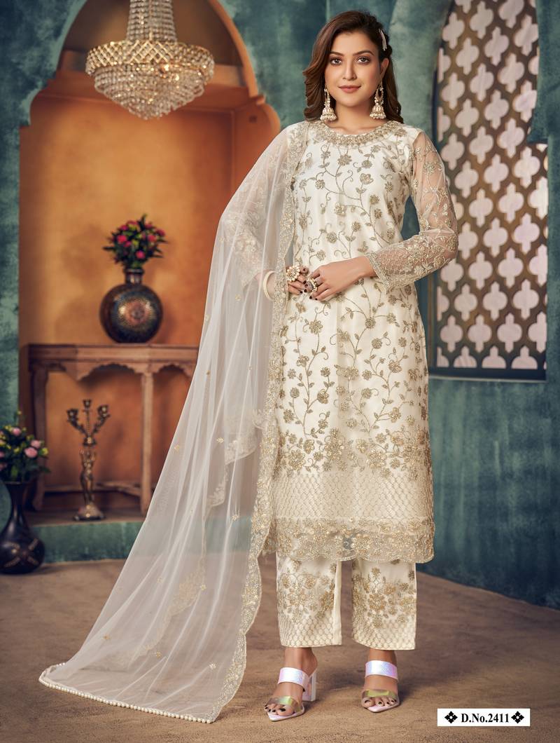 glamorous off-white heavy cording and sequin semi-stitched net salwar suit