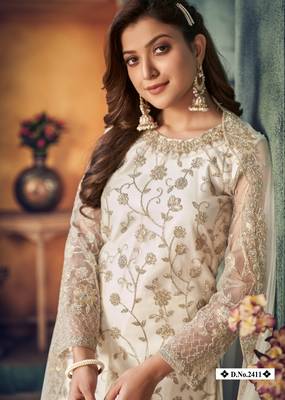 glamorous off-white heavy cording and sequin semi-stitched net salwar suit 3