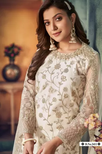 glamorous off-white heavy cording and sequin semi-stitched net salwar suit