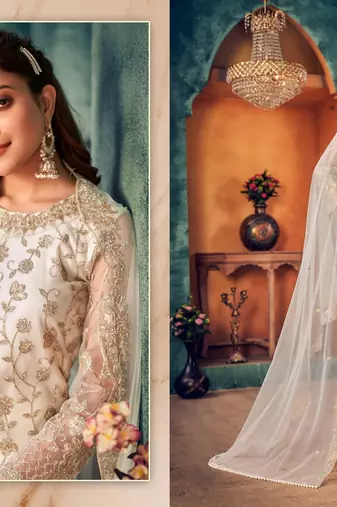 glamorous off-white heavy cording and sequin semi-stitched net salwar suit